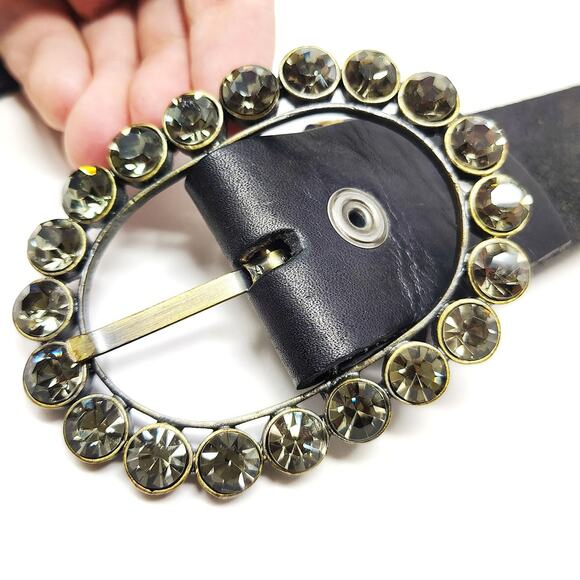Martine Wester Belt Medium 38 Black Jeweled Rhinestone Leather Solid